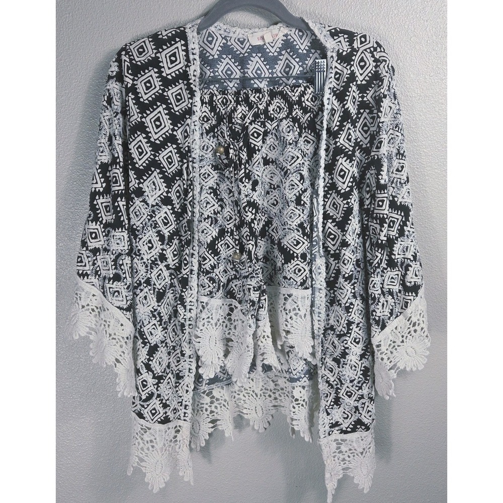 Solitaire Black White Boho 2pc Set Kimono Cardigan & Shorts Size S Crochet Trim